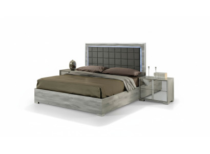 Lit double de luxe en bois tapissé gris au design moderne