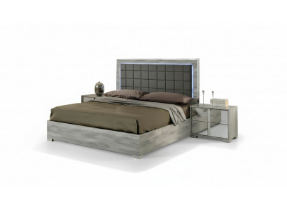 Lit double de luxe en bois tapissé gris au design moderne