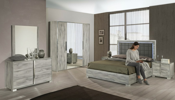 Ensemble de meubles de chambre à coucher avec lit, table de nuit, armoire, commode et miroir de 6 pièces