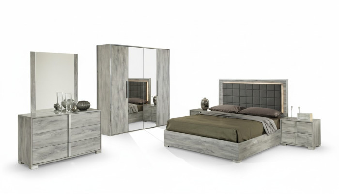 Ensemble de meubles de chambre à coucher avec lit, table de nuit, armoire, commode et miroir de 6 pièces