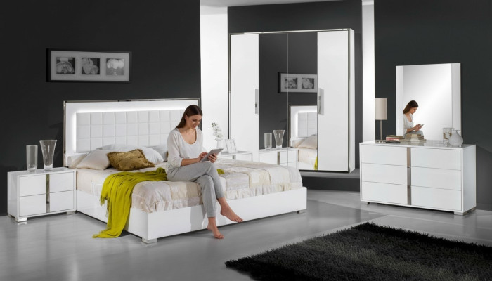 Ensemble de meubles de chambre à coucher avec lit, table de nuit, armoire, commode et miroir, 6 pièces neuves