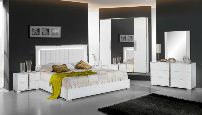 Ensemble de meubles de chambre à coucher avec lit, table de nuit, armoire, commode et miroir, 6 pièces neuves