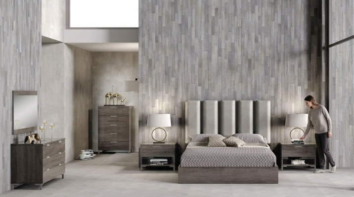 Ensemble de chambre à coucher matrimonial avec table de nuit, commode, miroir et lit rembourré de 6 pièces