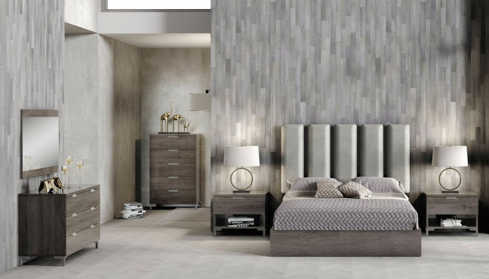 Ensemble de chambre à coucher matrimonial avec table de nuit, commode, miroir et lit rembourré de 6 pièces