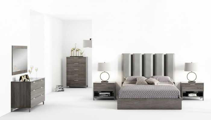 Ensemble de chambre à coucher matrimonial avec table de nuit, commode, miroir et lit rembourré de 6 pièces