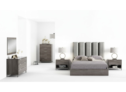 Ensemble de chambre à coucher matrimonial avec table de nuit, commode, miroir et lit rembourré de 6 pièces