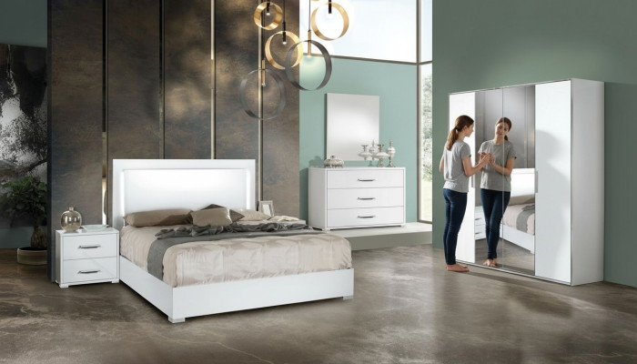 Ensemble de chambre moderne, table de nuit, armoire, commode et miroir blanc 6 pièces