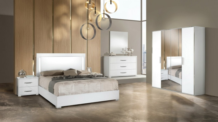 Ensemble de chambre moderne, table de nuit, armoire, commode et miroir blanc 6 pièces