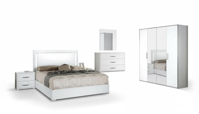 Ensemble de chambre moderne, table de nuit, armoire, commode et miroir blanc 6 pièces