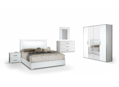 Ensemble de chambre moderne, table de nuit, armoire, commode et miroir blanc 6 pièces