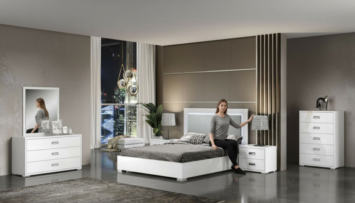 Ensemble de meubles de chambre à coucher avec lit, table de nuit, commode et miroir 6 pièces en bois blanc