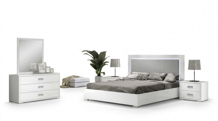 Ensemble de meubles de chambre à coucher avec lit, table de nuit, commode et miroir 6 pièces en bois blanc