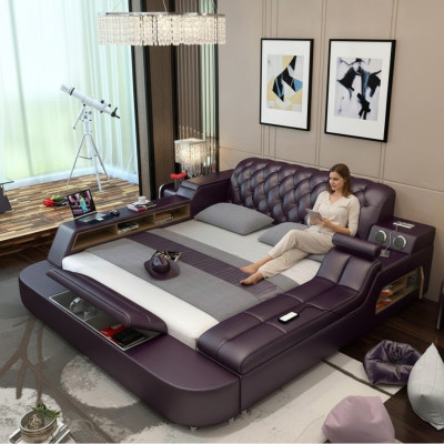 Conception Lit XXL Grands Lits Cuir Hôtel Rembourrage 180x200 Étagère Multifonction