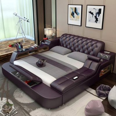 Conception Lit XXL Grands Lits Cuir Hôtel Rembourrage 180x200 Étagère Multifonction