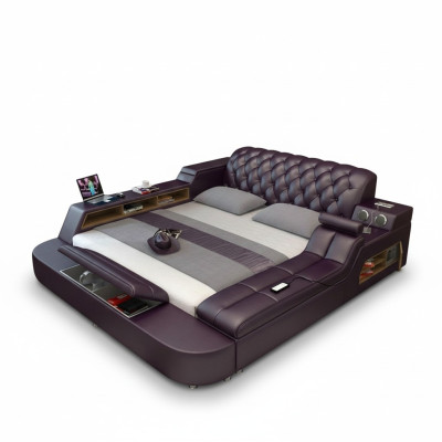 Conception Lit XXL Grands Lits Cuir Hôtel Rembourrage 180x200 Étagère Multifonction