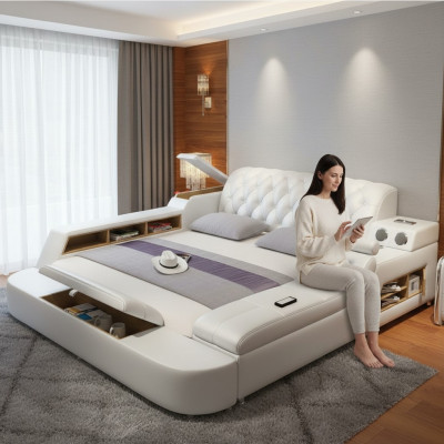 Design Lit Multifonction XXL Grand Lits en Cuir Hôtel Rembourrage 150x200cm