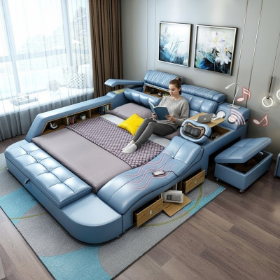 Lit de design XXL en cuir grand hôtel 180x200, avec étagère multifonctionnelle.