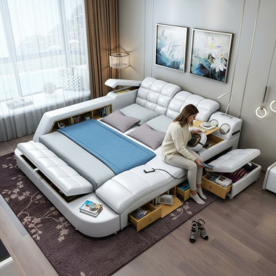 Lit Double Étagères Cuir Rembourrage Lits Multifonctionnels avec Nouvelle Fonction de Massage