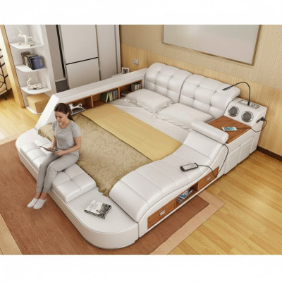 Lit double en cuir de luxe + lits rembourrés USB pour hôtel moderne multifonction instantané