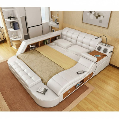 Lit double en cuir de luxe + lits rembourrés USB pour hôtel moderne multifonction instantané