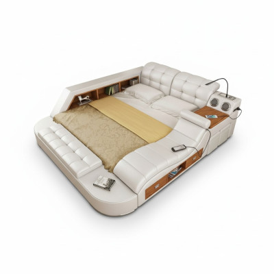 Lit double en cuir de luxe + lits rembourrés USB pour hôtel moderne multifonction instantané