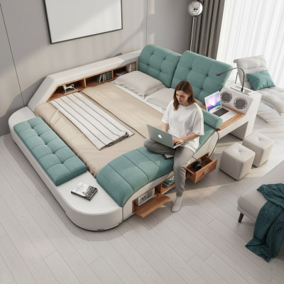 Lit double revêtement cuir Lit multifonction avec fonction massage nouveau
