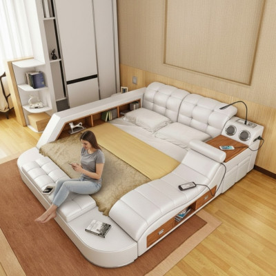 Étagère de lit multifonction, armoire, station de charge USB, lits doubles en cuir