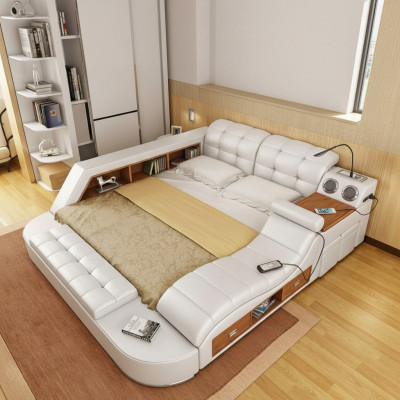 Étagère de lit multifonction, armoire, station de charge USB, lits doubles en cuir