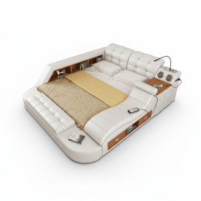 Étagère de lit multifonction, armoire, station de charge USB, lits doubles en cuir