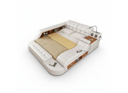 Étagère de lit multifonction, armoire, station de charge USB, lits doubles en cuir