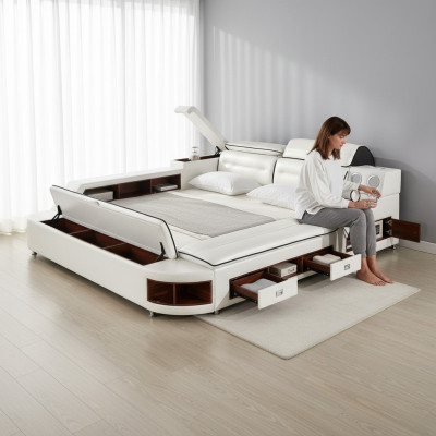 Lits doubles multifonctions XXL pour hôtel, grands lits rembourrés avec son USB