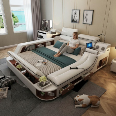 Lits Hôtel 180x200cm Étagère multifonction USB Design Lit xxl Grand Cuir