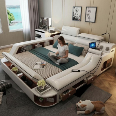 Lit de luxe multifonction 180x200 en cuir Lit Chaise longue de chambre