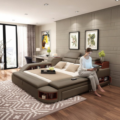 Hôtel moderne multifonctions USB Son Double Design Lit en Cuir Capitonné
