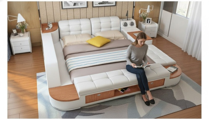 Lit en cuir de luxe multifonction pour la chambre, étagères, chaises longues, lits 180x200