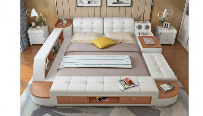Lit en cuir de luxe multifonction pour la chambre, étagères, chaises longues, lits 180x200
