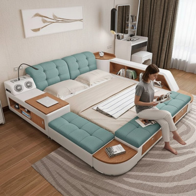 Rembourrage 180x200 Étagère multifonction USB Chaise longue Design Lit Grands lits en cuir