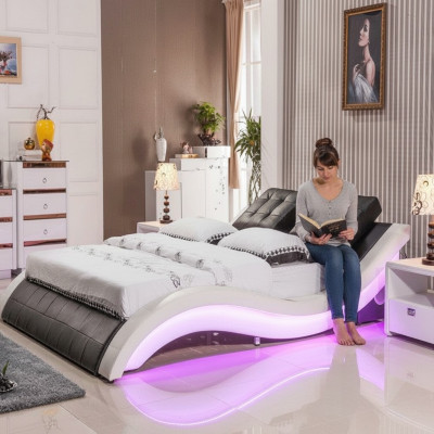 Conception de lit de luxe Lits Mobilier de chambre à coucher à LED numérique Cuir Double