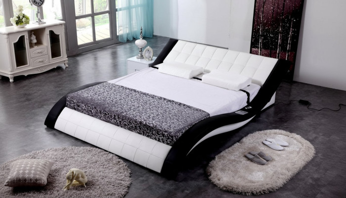 Conception de lit Lits numériques USB de luxe en cuir Mobilier de chambre à coucher double