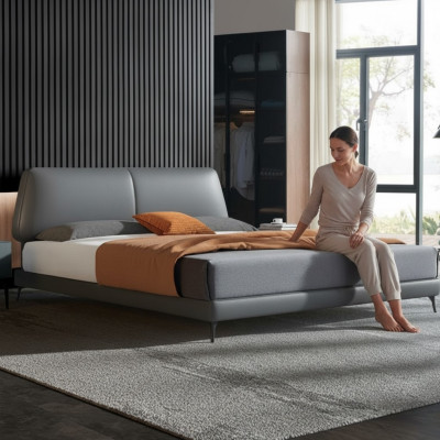 Conception de lits d'hôtel de luxe pour couples en cuir de mariage dans une chambre de luxe.
