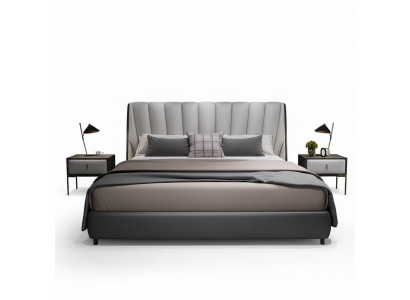 Lits doubles de luxe de 180x200 cm pour hôtel. Lit en cuir gris pour chambre de repos.