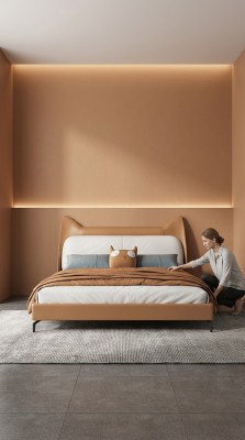 Lit double en tissu en cuir pour hôtel moderne, dimensions 160x200 cm, lit double design.