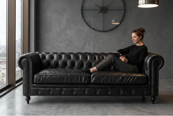 Canapé 3 places en cuir moderne de marque Chesterfield - Fibre bois véritable Style classique de luxe Meubles