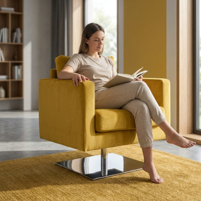 Fauteuil Chaise Rembourrage Télévision Textile Jaune Tissu de Luxe Design Salon Club Relax Nouveau