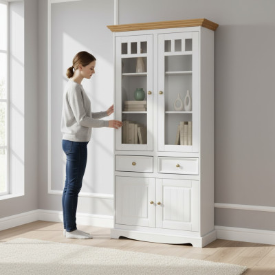 Mobilier de salon classique Blanc Brun Bois Vitrine Armoire Meuble
