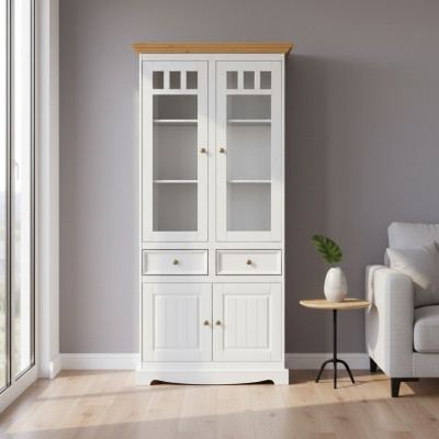 Mobilier de salon classique Blanc Brun Bois Vitrine Armoire Meuble