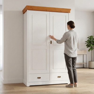 Armoire polyvalente en bois avec étagères de rangement, portemanteau et étagère.