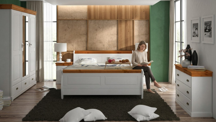 Chambre à coucher Landhfrom Armoire Lit Table de chevet Ensemble complet en bois 5 pièces nouveau