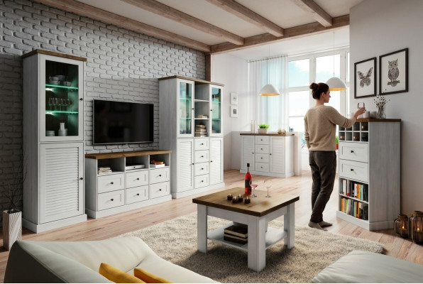 Mur Living Salle Set Vitrine Lowboard Étagère murale Ensemble de 3 pièces Unités murales Bois neuf