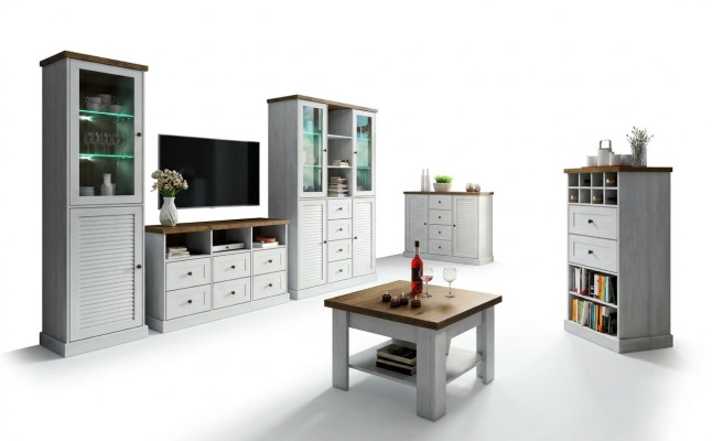 Mur Living Salle Set Vitrine Lowboard Étagère murale Ensemble de 3 pièces Unités murales Bois neuf